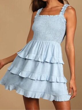 Lulus Light Blue Smocked Tiered Ruffle Mini Dress XL Cottagecore